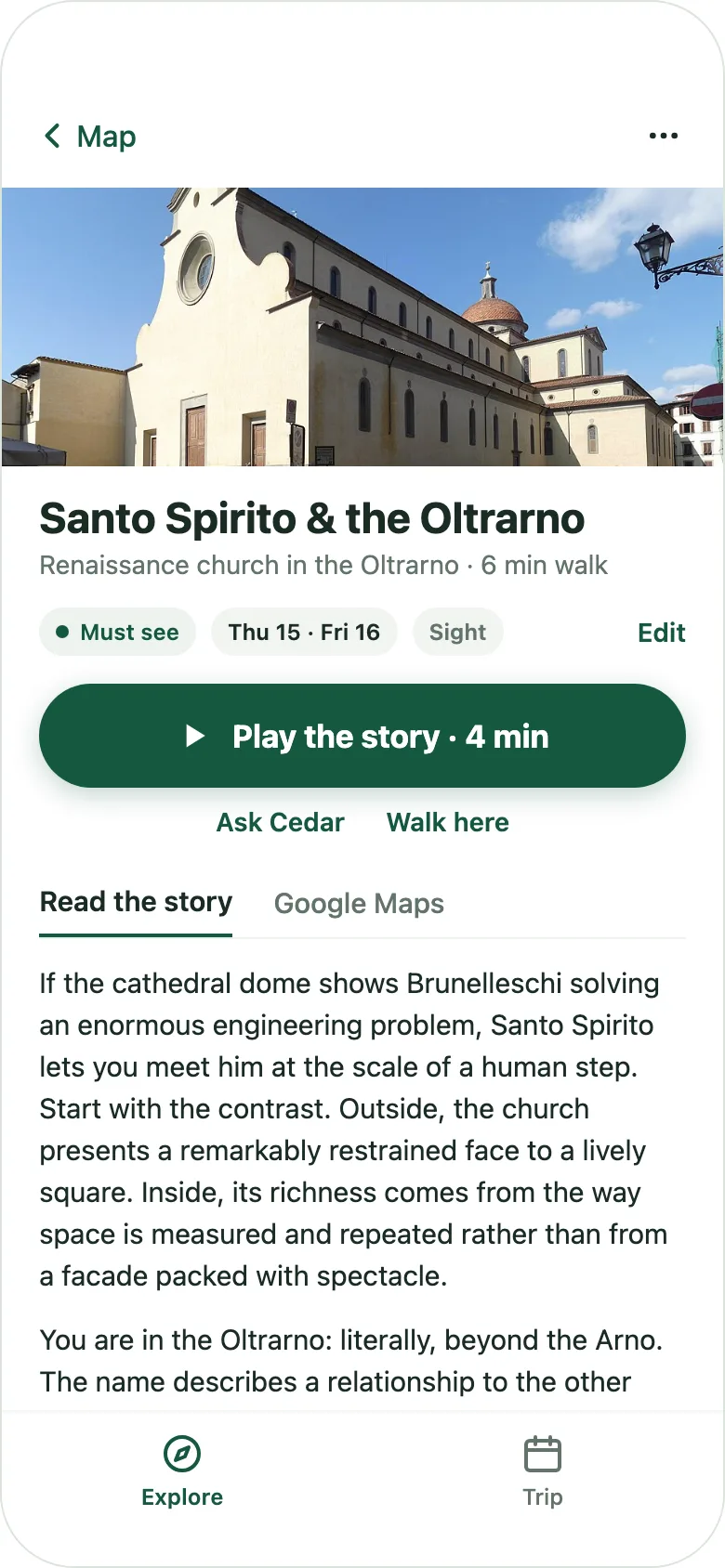 The place screen for Santo Spirito with Play the story, Ask Cedar, Walk here, and the story readable in full below.